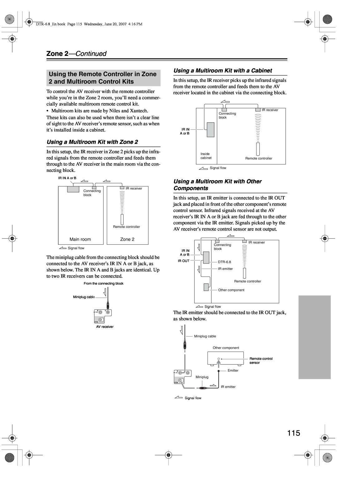 Integra DTR-6.8 instruction manual Using a Multiroom Kit with a Cabinet, Using a Multiroom Kit with Zone, Zone 2—Continued 