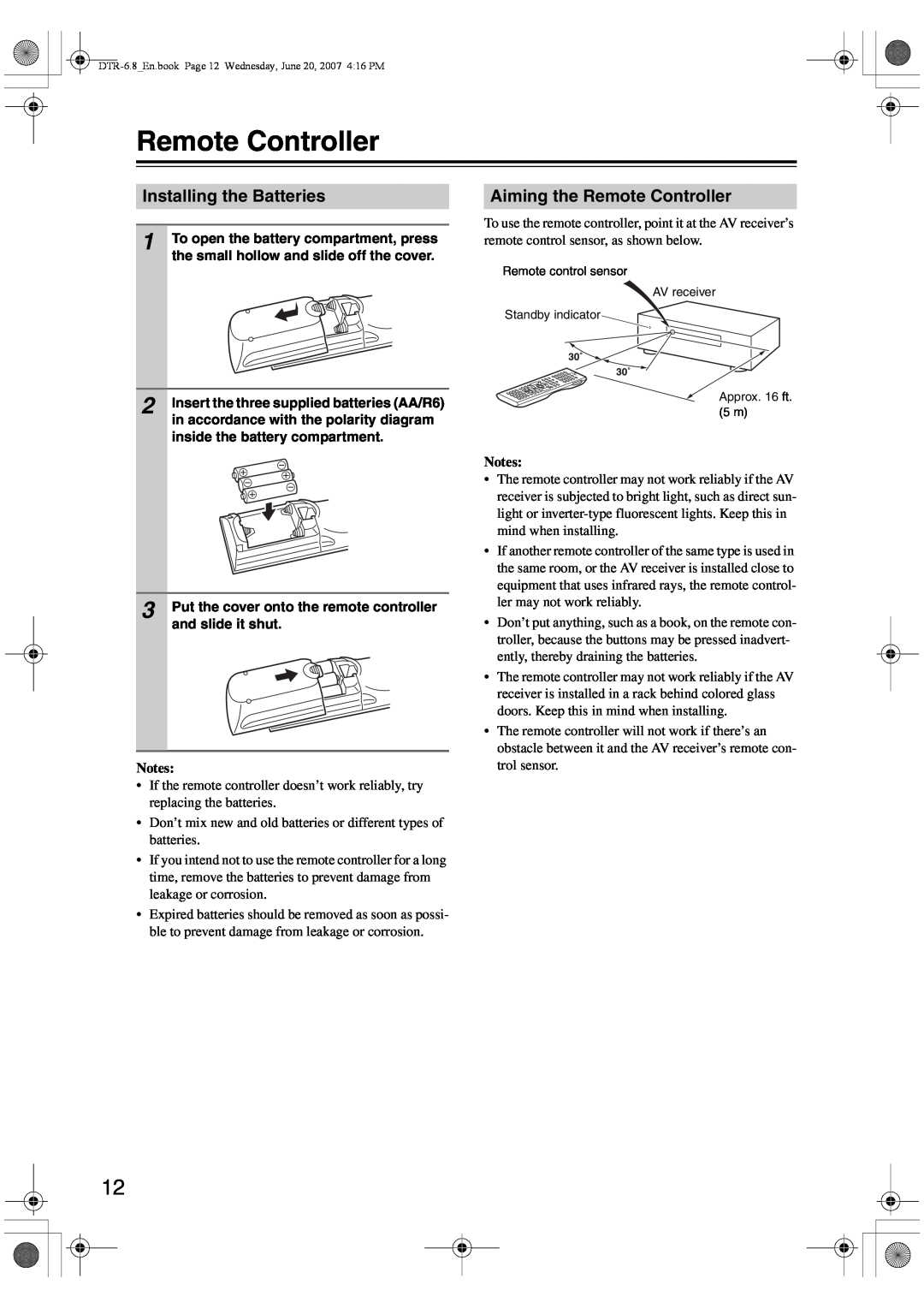 Integra DTR-6.8 instruction manual Installing the Batteries, Aiming the Remote Controller, Notes 