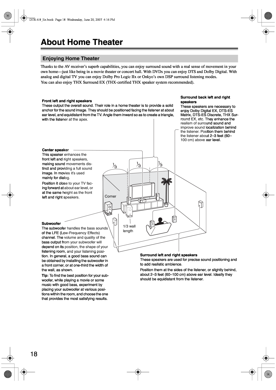 Integra DTR-6.8 instruction manual About Home Theater, Enjoying Home Theater 