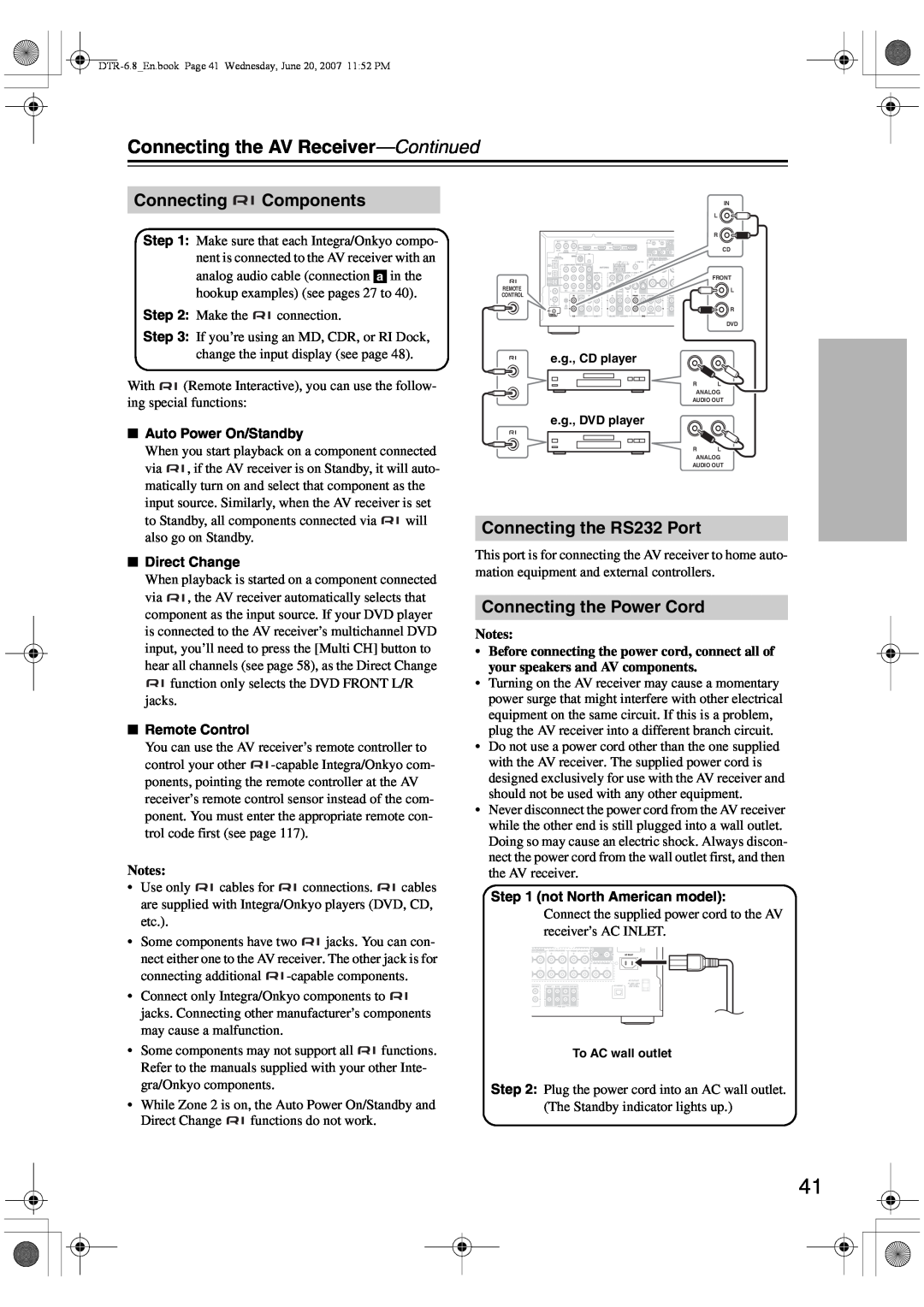 Integra DTR-6.8 instruction manual Connecting Components, Connecting the RS232 Port, Connecting the Power Cord, Notes 