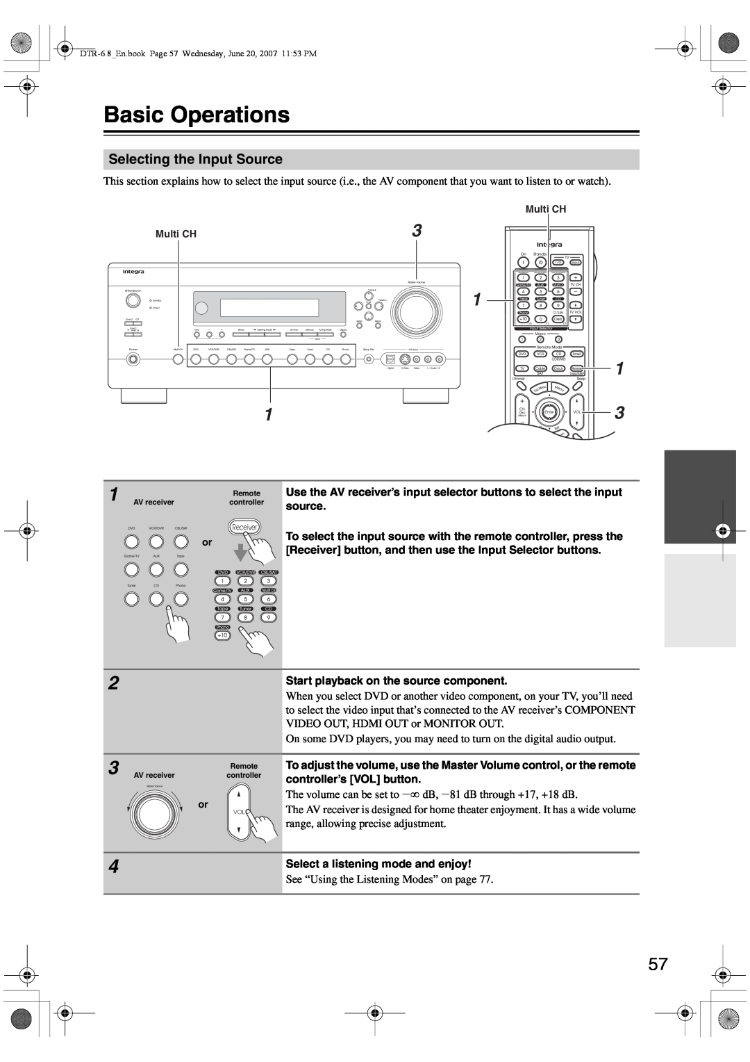 Integra DTR-6.8 instruction manual Basic Operations, Selecting the Input Source 