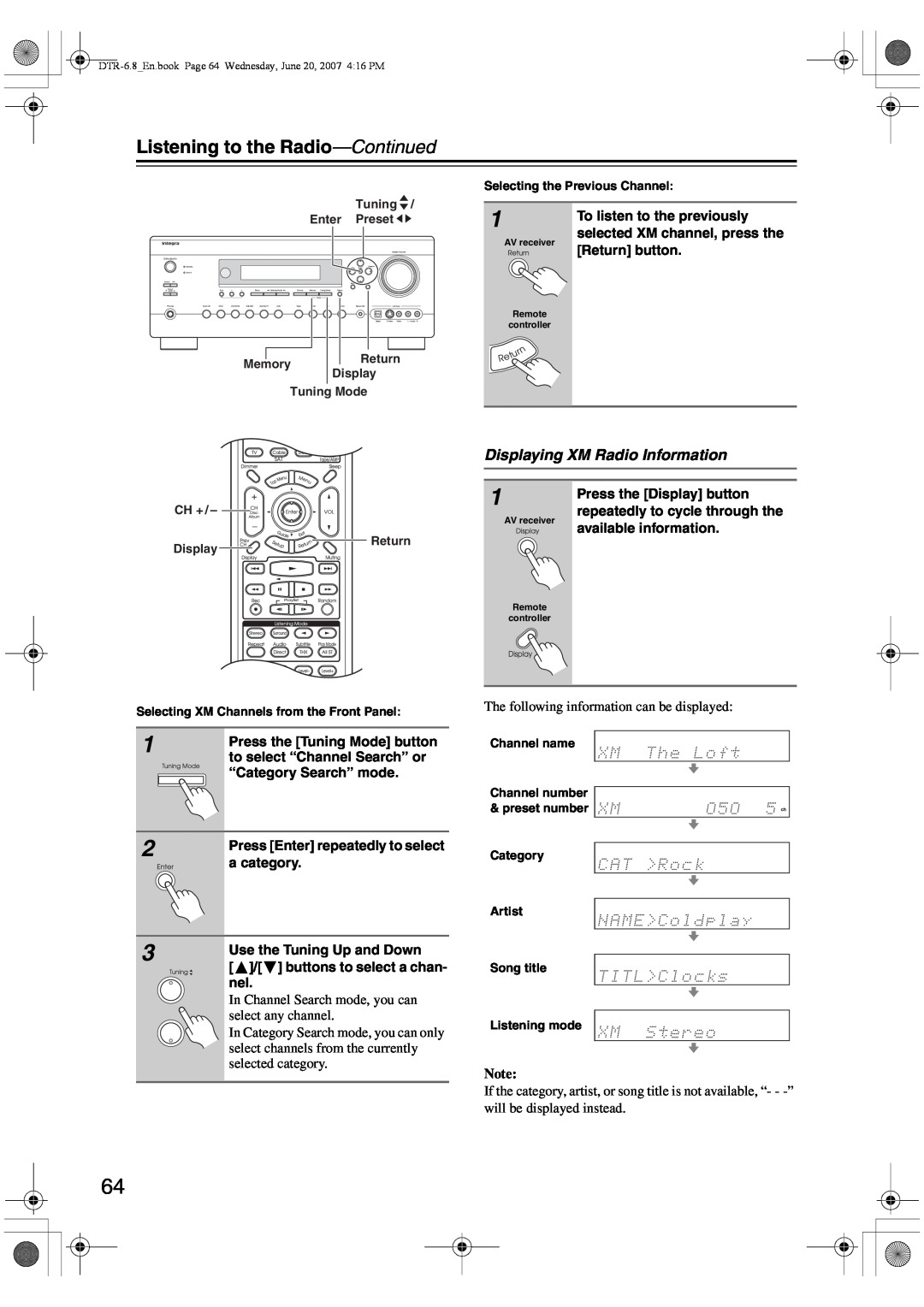 Integra DTR-6.8 instruction manual Displaying XM Radio Information, Listening to the Radio—Continued 