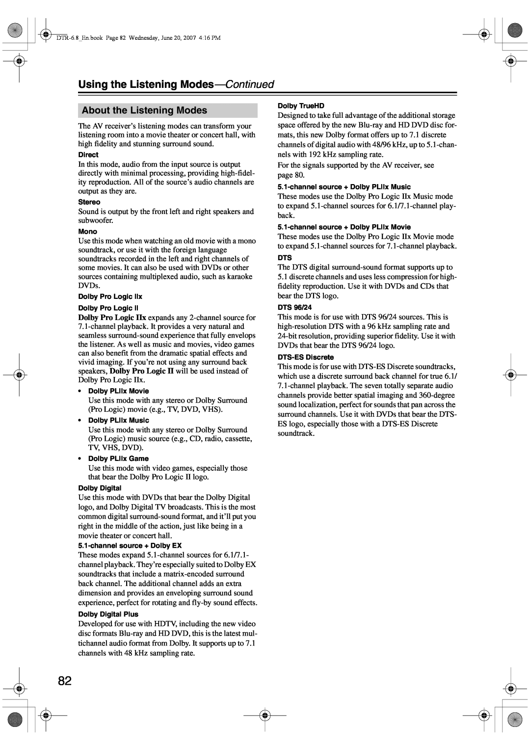 Integra DTR-6.8 instruction manual About the Listening Modes, Using the Listening Modes—Continued 