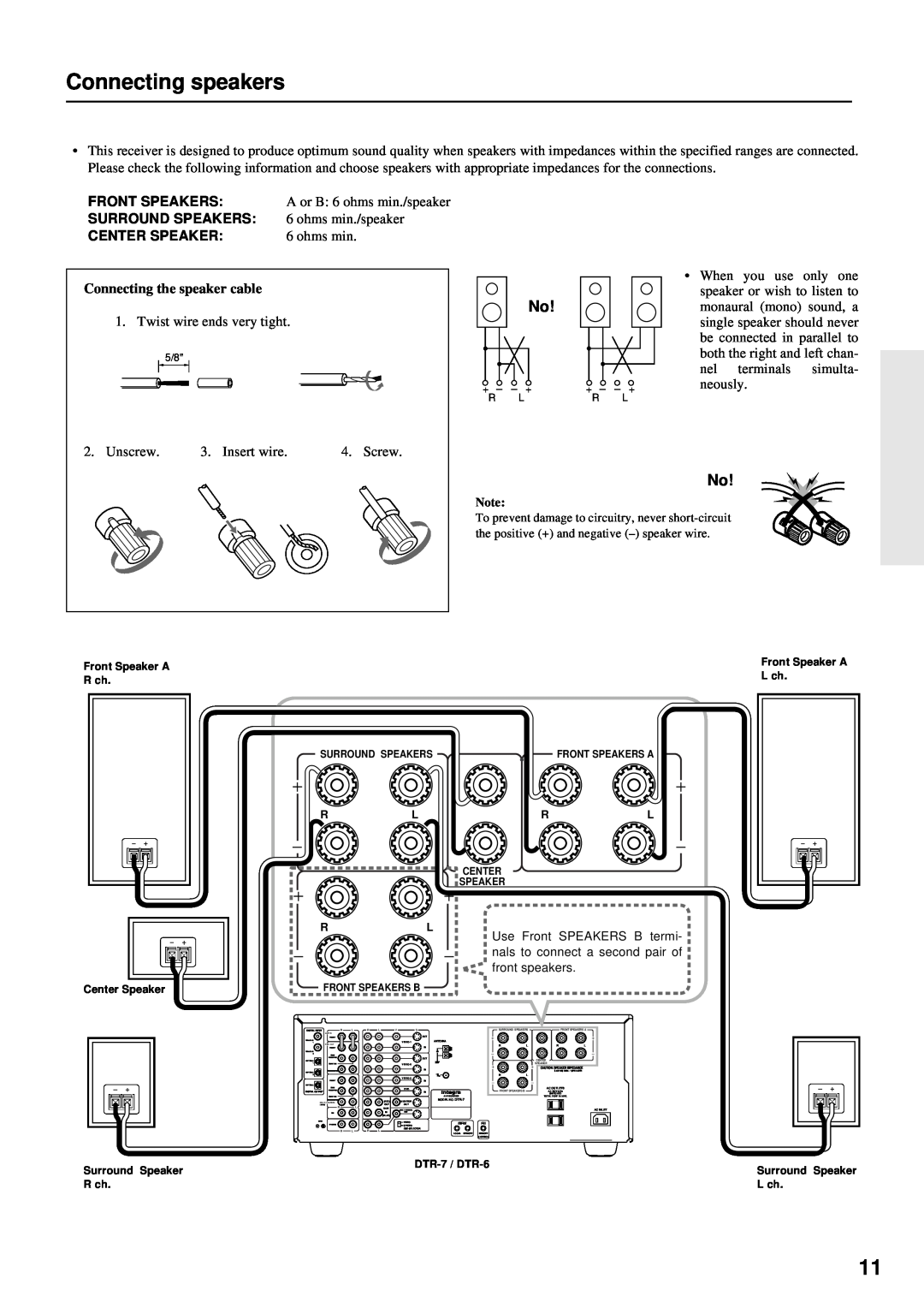 Integra DTR-7 instruction manual Connecting speakers, Front Speakers, Surround Speakers, Center Speaker 