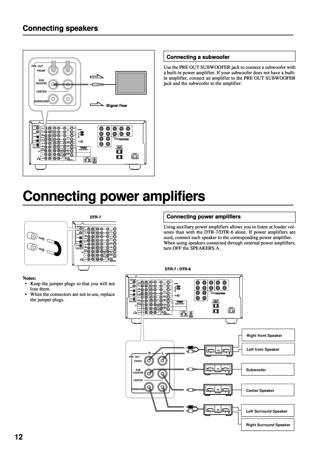 Integra DTR-7 instruction manual Connecting power amplifiers, Connecting speakers, Connecting a subwoofer 