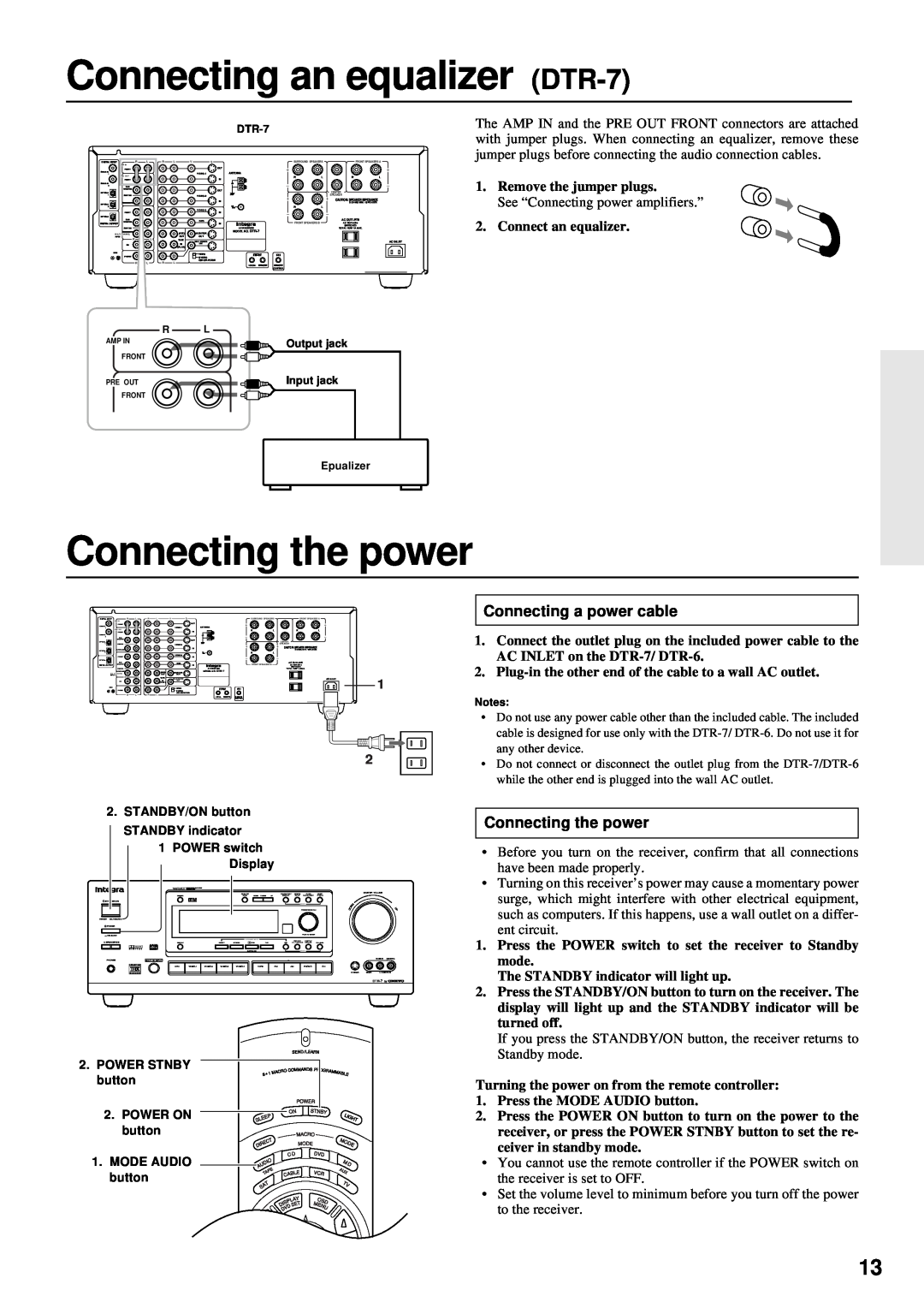 Integra instruction manual Connecting an equalizer DTR-7, Connecting the power, Connecting a power cable 
