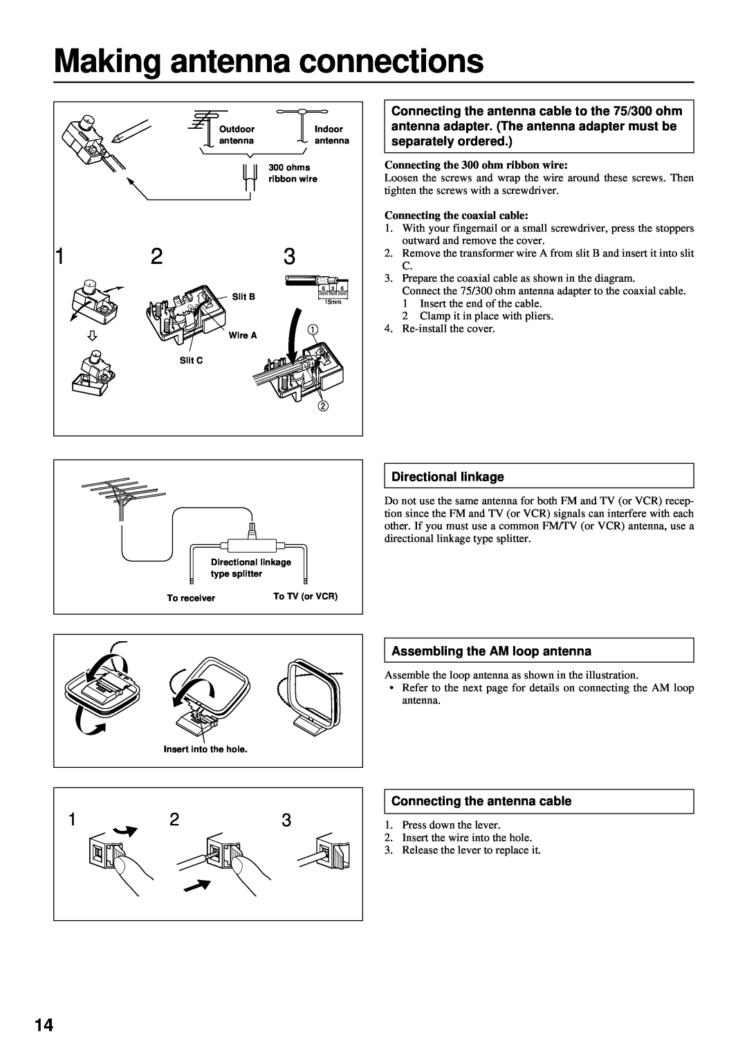 Integra DTR-7 instruction manual Making antenna connections, Directional Iinkage, Assembling the AM loop antenna 