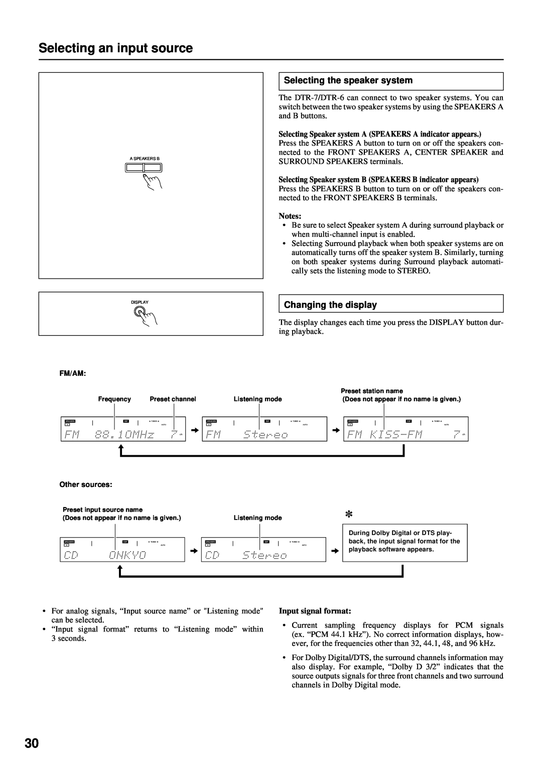 Integra DTR-7 instruction manual Selecting an input source, Selecting the speaker system, Changing the display 