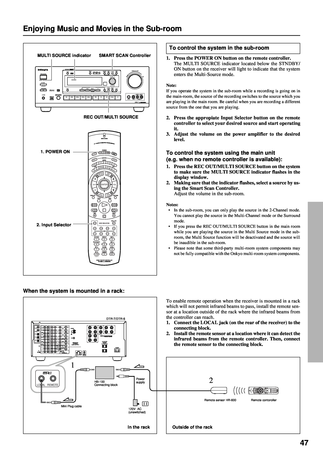 Integra DTR-7 instruction manual Enjoying Music and Movies in the Sub-room, To control the system in the sub-room 