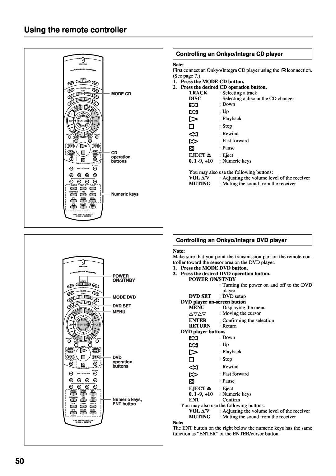 Integra DTR-7 Using the remote controller, Controlling an Onkyo/Integra CD player, Controlling an Onkyo/Integra DVD player 