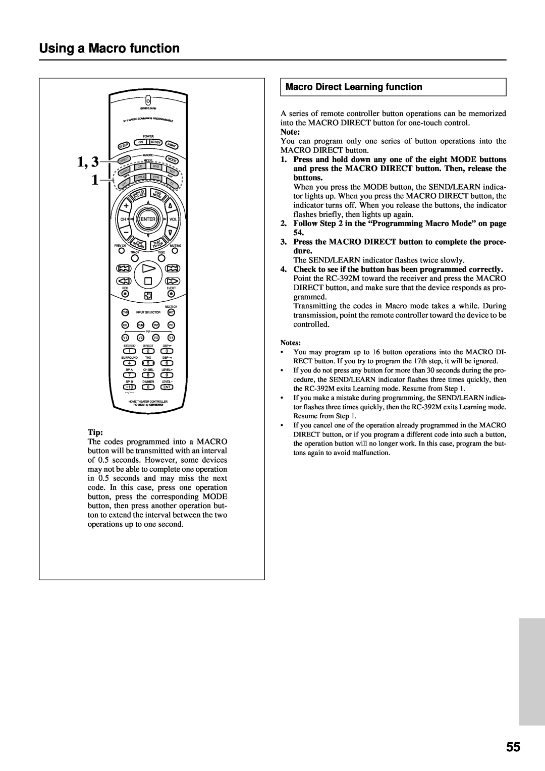 Integra DTR-7 instruction manual Using a Macro function, Macro Direct Learning function 