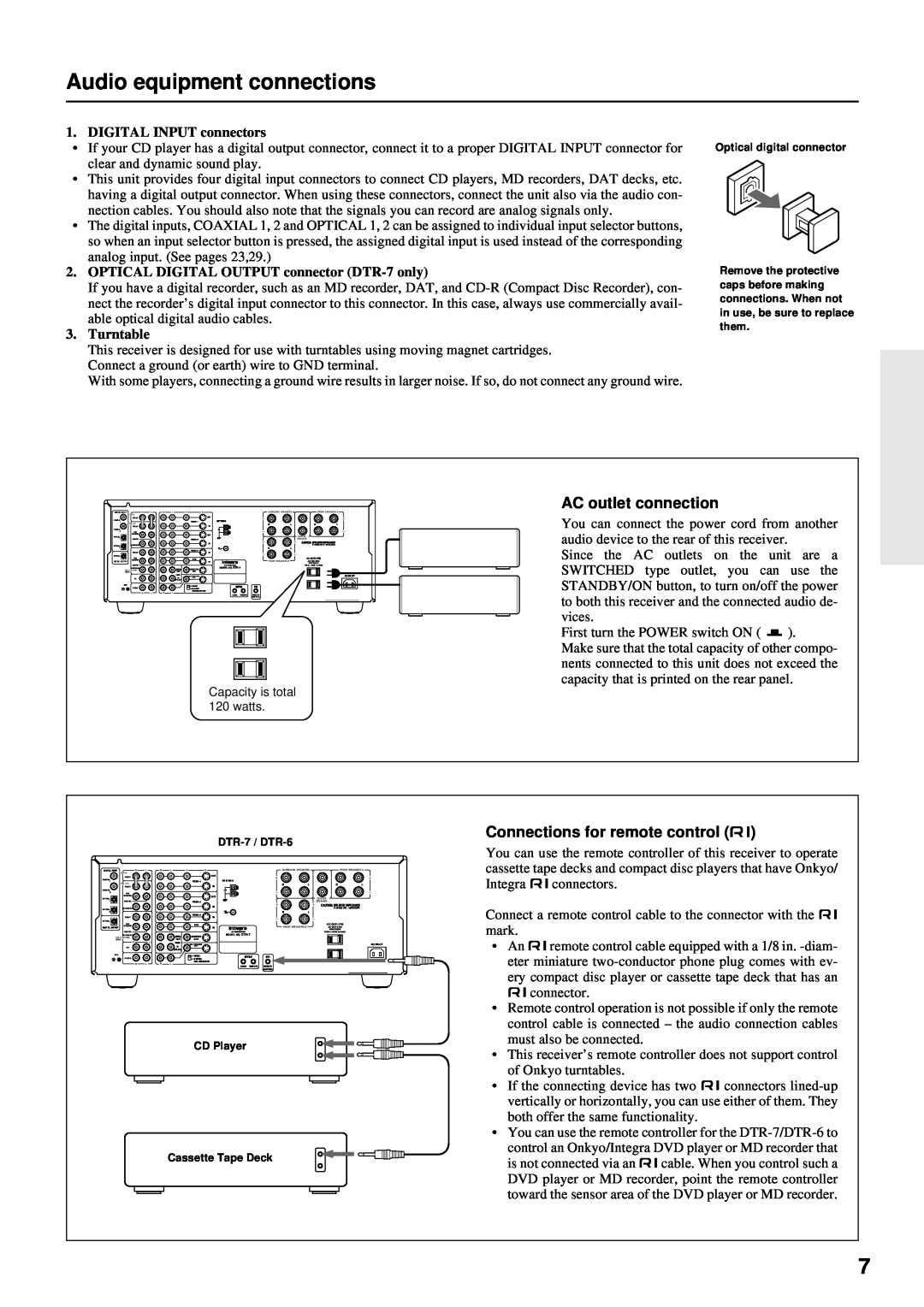 Integra DTR-7 instruction manual Audio equipment connections, AC outlet connection, Connections for remote control z 