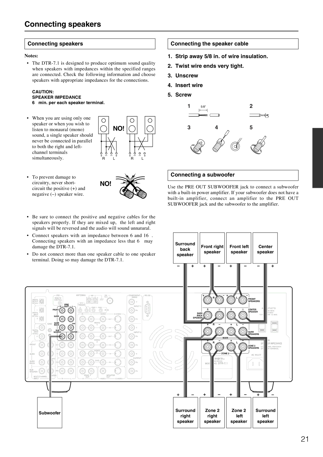 Integra DTR-7.1 appendix Connecting speakers, Connecting a subwoofer 