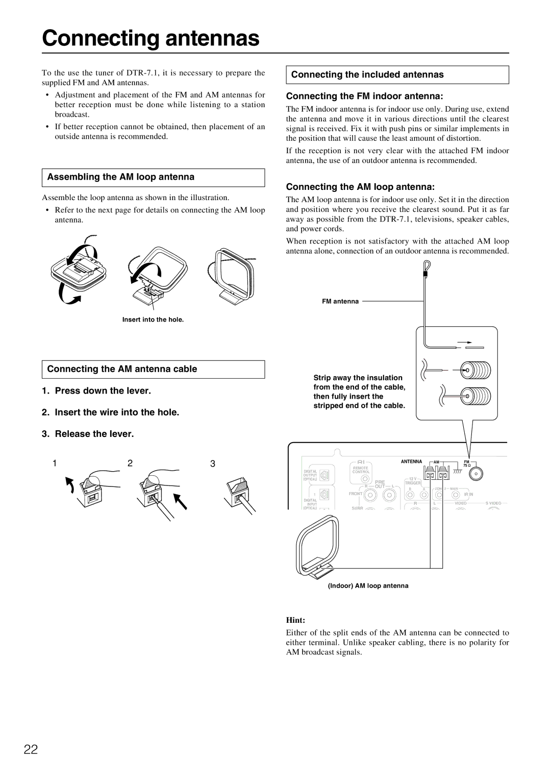 Integra DTR-7.1 appendix Connecting antennas, Assembling the AM loop antenna, Connecting the AM loop antenna, Hint 