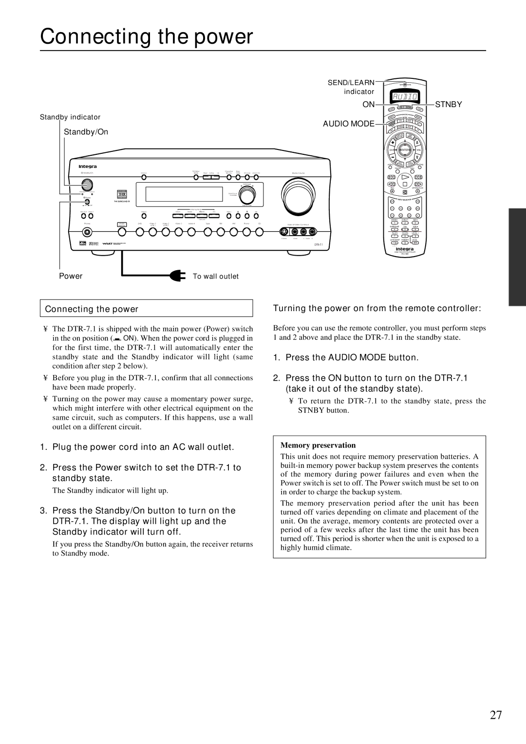 Integra DTR-7.1 Connecting the power, Turning the power on from the remote controller, On Stnby, Memory preservation 