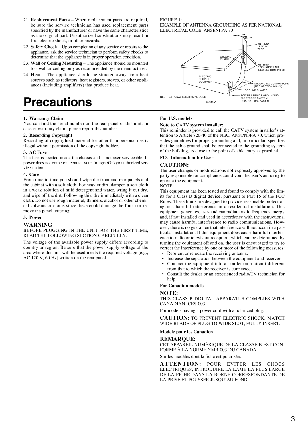 Integra DTR-7.1 appendix Precautions 