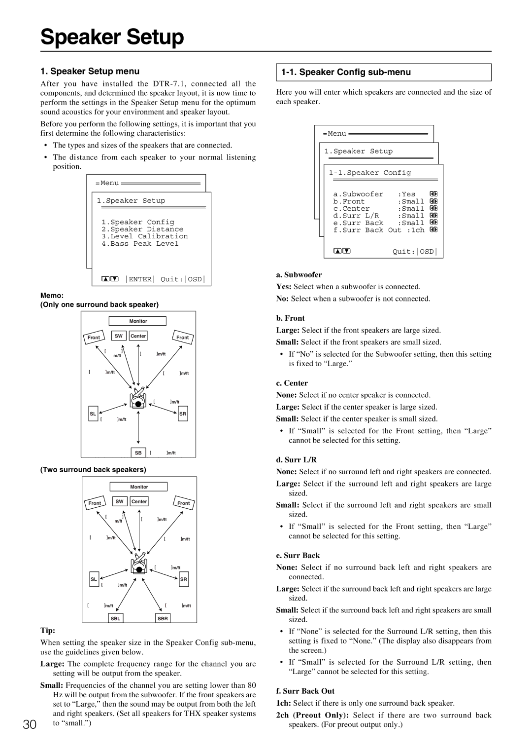 Integra DTR-7.1 appendix Speaker Setup menu, Speaker Config sub-menu 