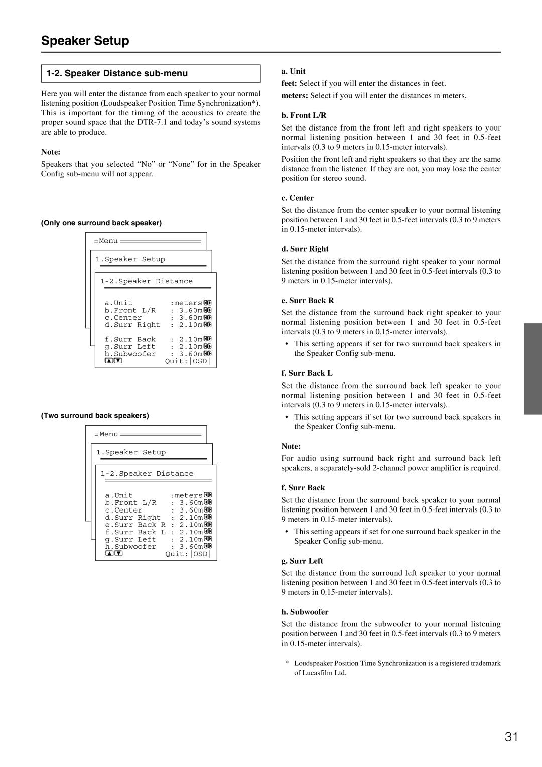 Integra DTR-7.1 appendix Speaker Setup, Speaker Distance sub-menu 