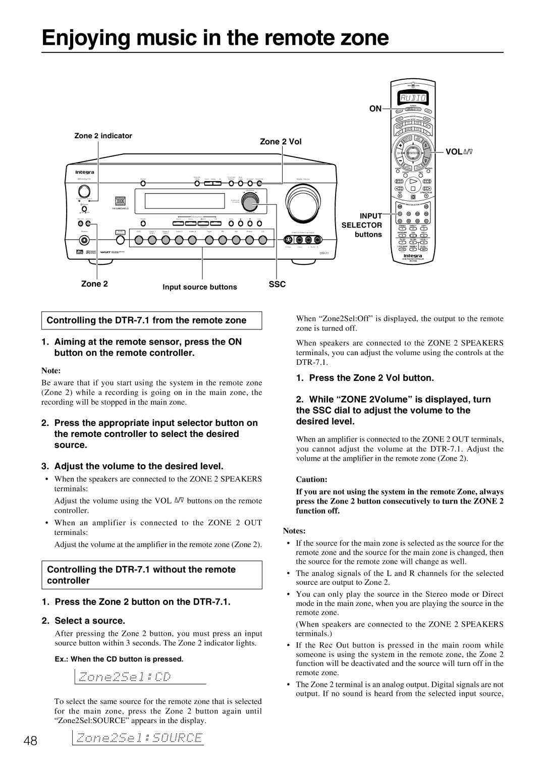 Integra DTR-7.1 appendix Enjoying music in the remote zone, Select a source, Vol, Ssc 