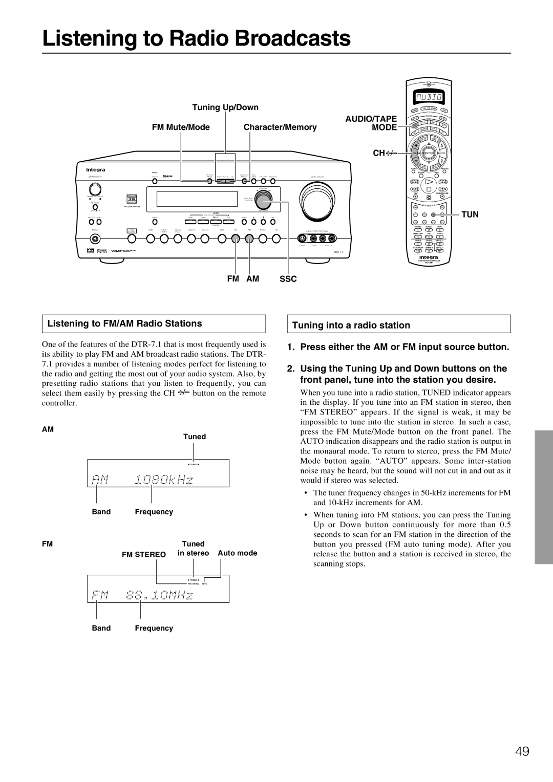 Integra DTR-7.1 appendix Listening to Radio Broadcasts, Listening to FM/AM Radio Stations, AUDIO/TAPE Mode, Tun, Fm Am Ssc 