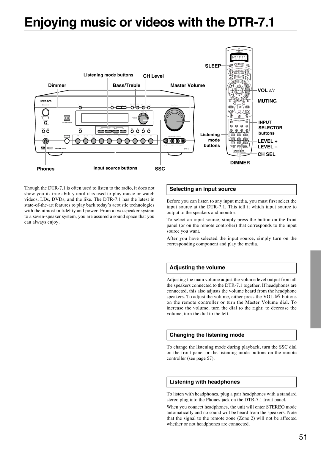 Integra appendix Enjoying music or videos with the DTR-7.1, Selecting an input source, Adjusting the volume 