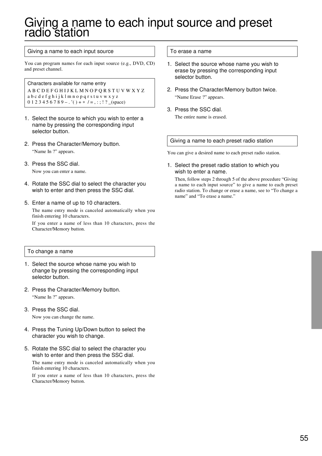 Integra DTR-7.1 appendix Giving a name to each preset radio station, Characters available for name entry 