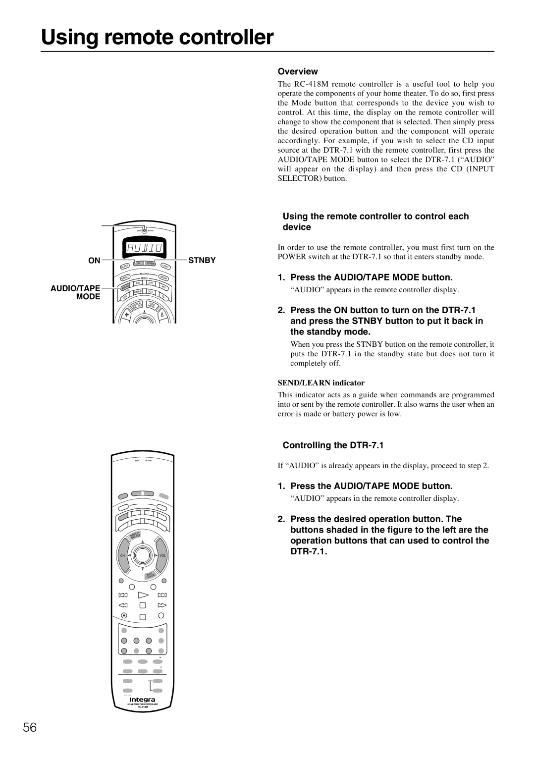 Integra DTR-7.1 appendix Using remote controller, Overview, Using the remote controller to control each device 