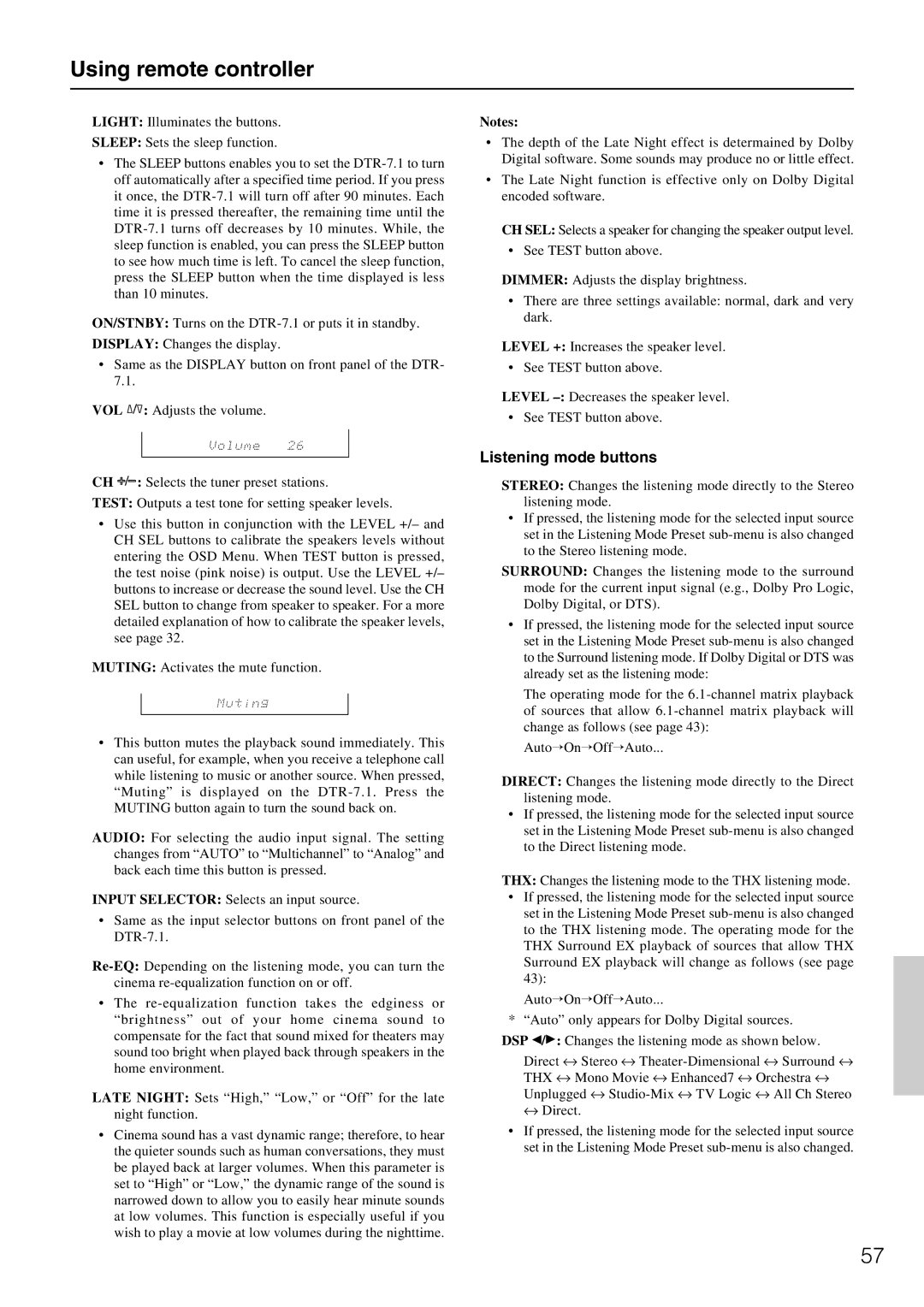 Integra DTR-7.1 appendix Using remote controller, Listening mode buttons 