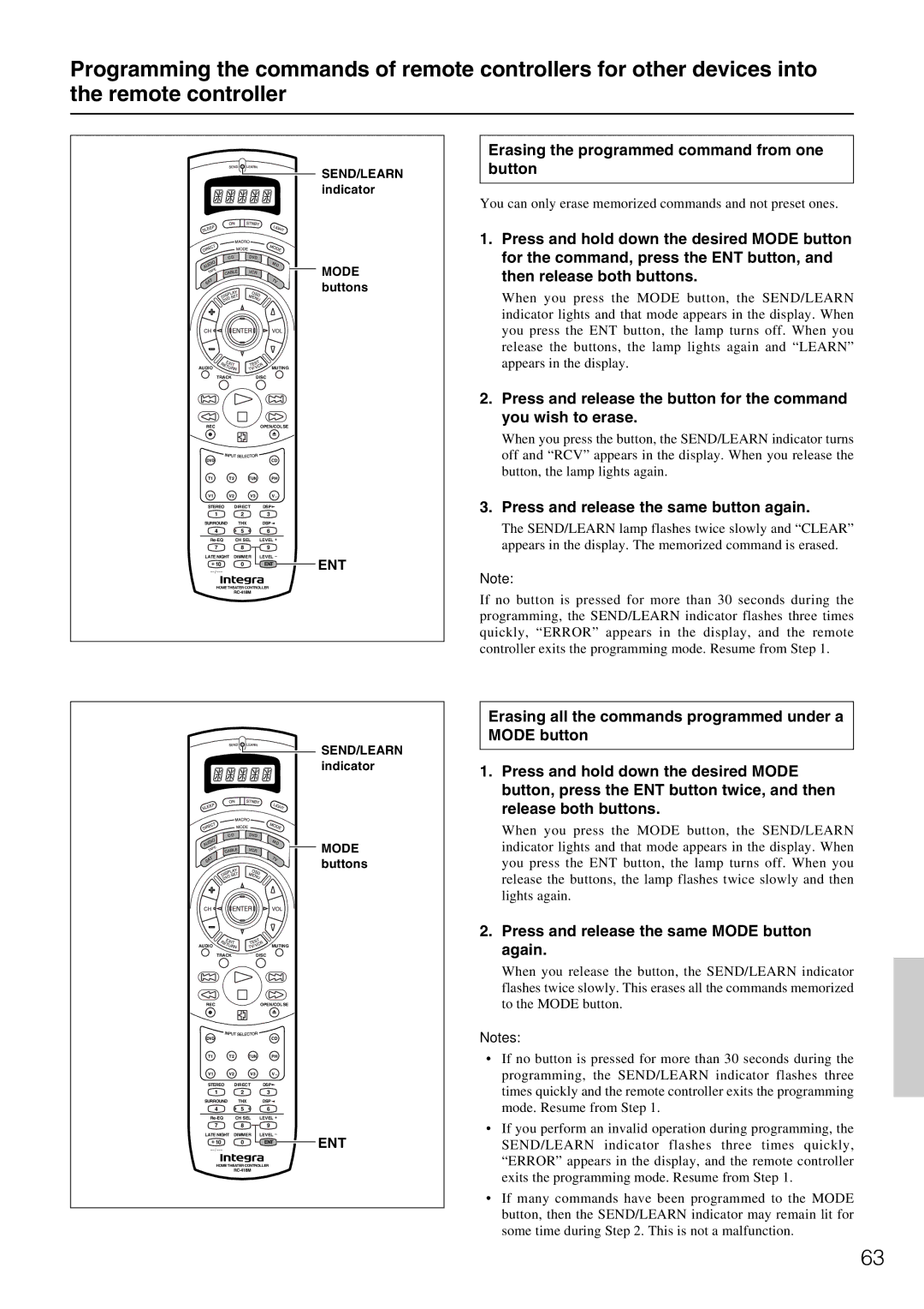 Integra DTR-7.1 appendix Erasing the programmed command from one button, Press and release the same button again 