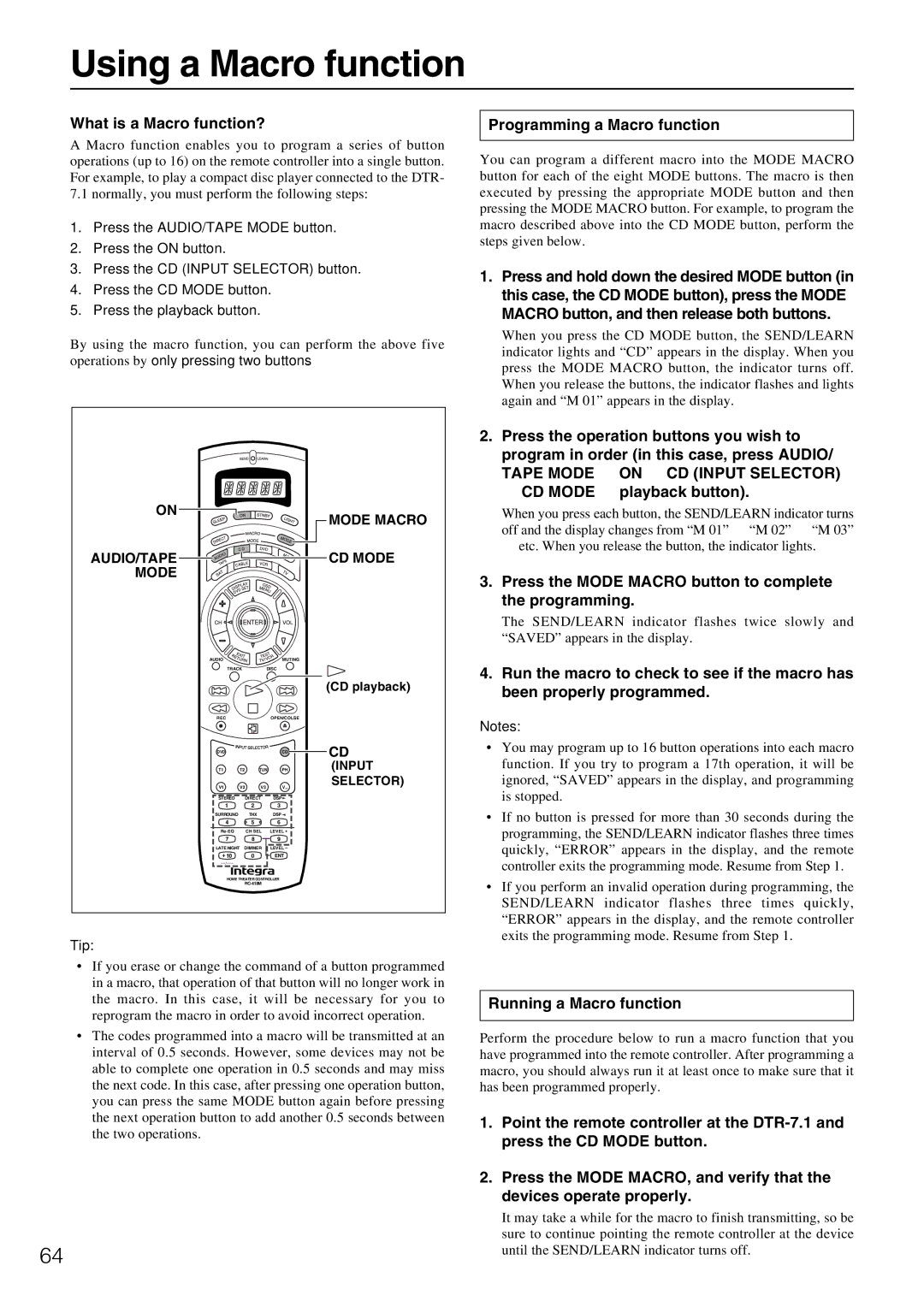 Integra DTR-7.1 Using a Macro function, What is a Macro function?, Programming a Macro function, Running a Macro function 