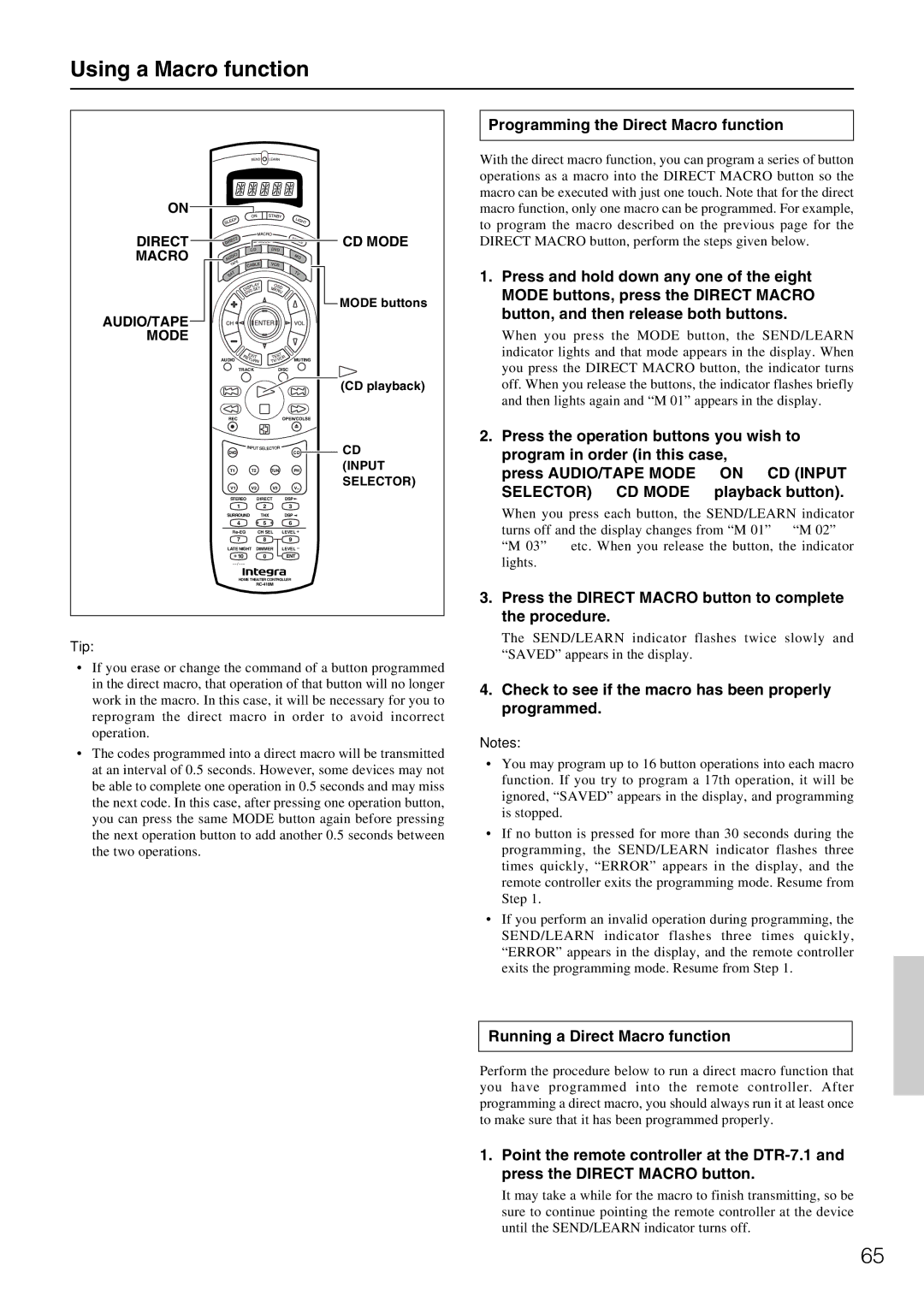 Integra DTR-7.1 appendix Using a Macro function, Programming the Direct Macro function, Running a Direct Macro function 