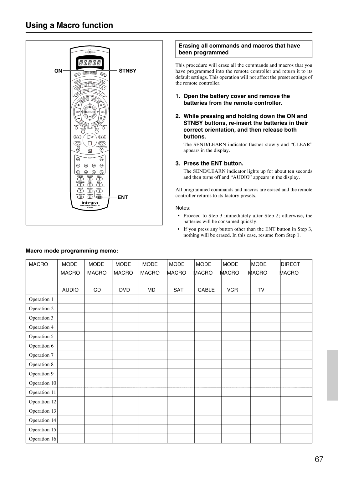 Integra DTR-7.1 appendix Press the ENT button, Operation 