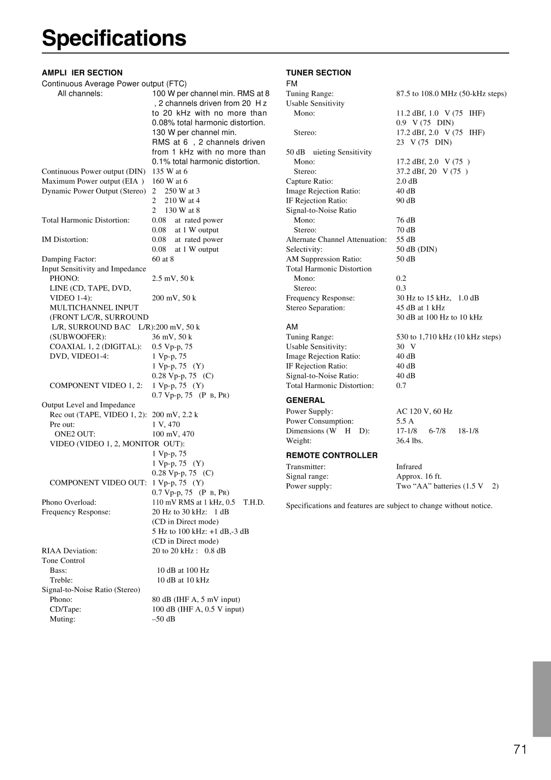 Integra DTR-7.1 appendix Specifications, Amplifier Section 