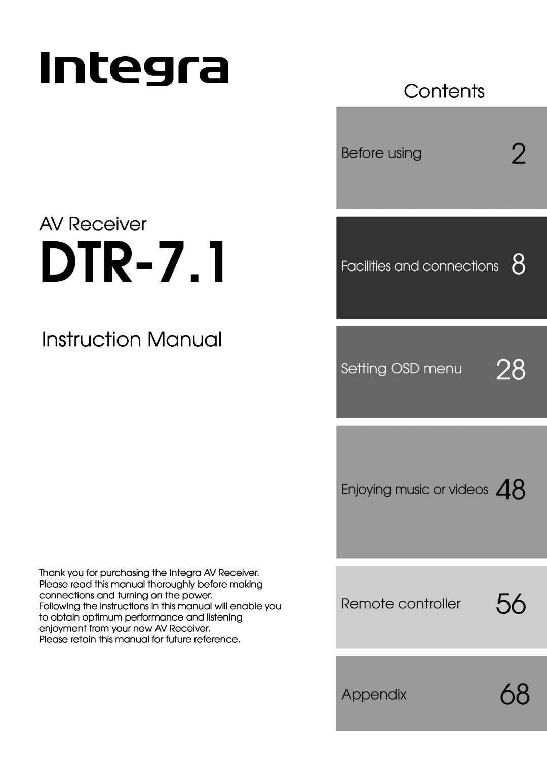 Integra DTR-7.1 appendix AV Receiver, Contents, Before using, Facilities and connections, Setting OSD menu, Appendix68 