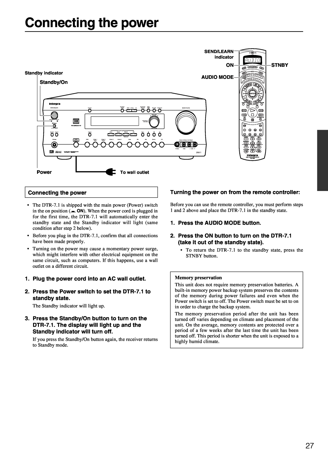 Integra DTR-7.1 appendix Connecting the power, Plug the power cord into an AC wall outlet, Press the AUDIO MODE button 