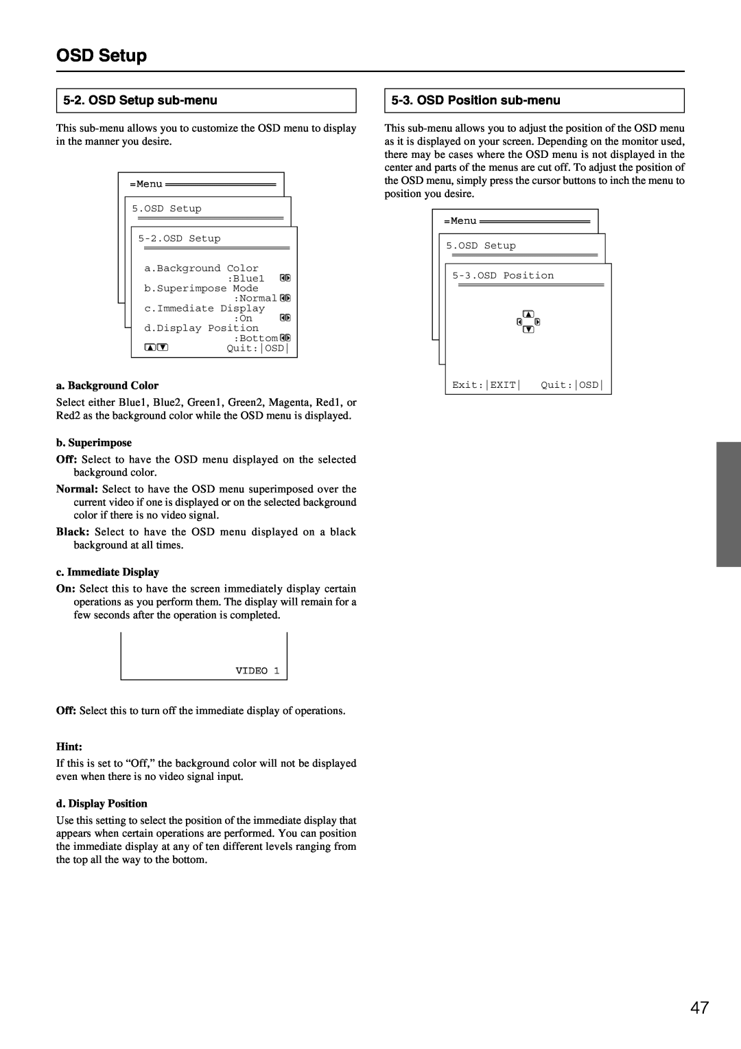 Integra DTR-7.1 appendix OSD Setup, a. Background Color, b. Superimpose, c. Immediate Display, Hint, d. Display Position 