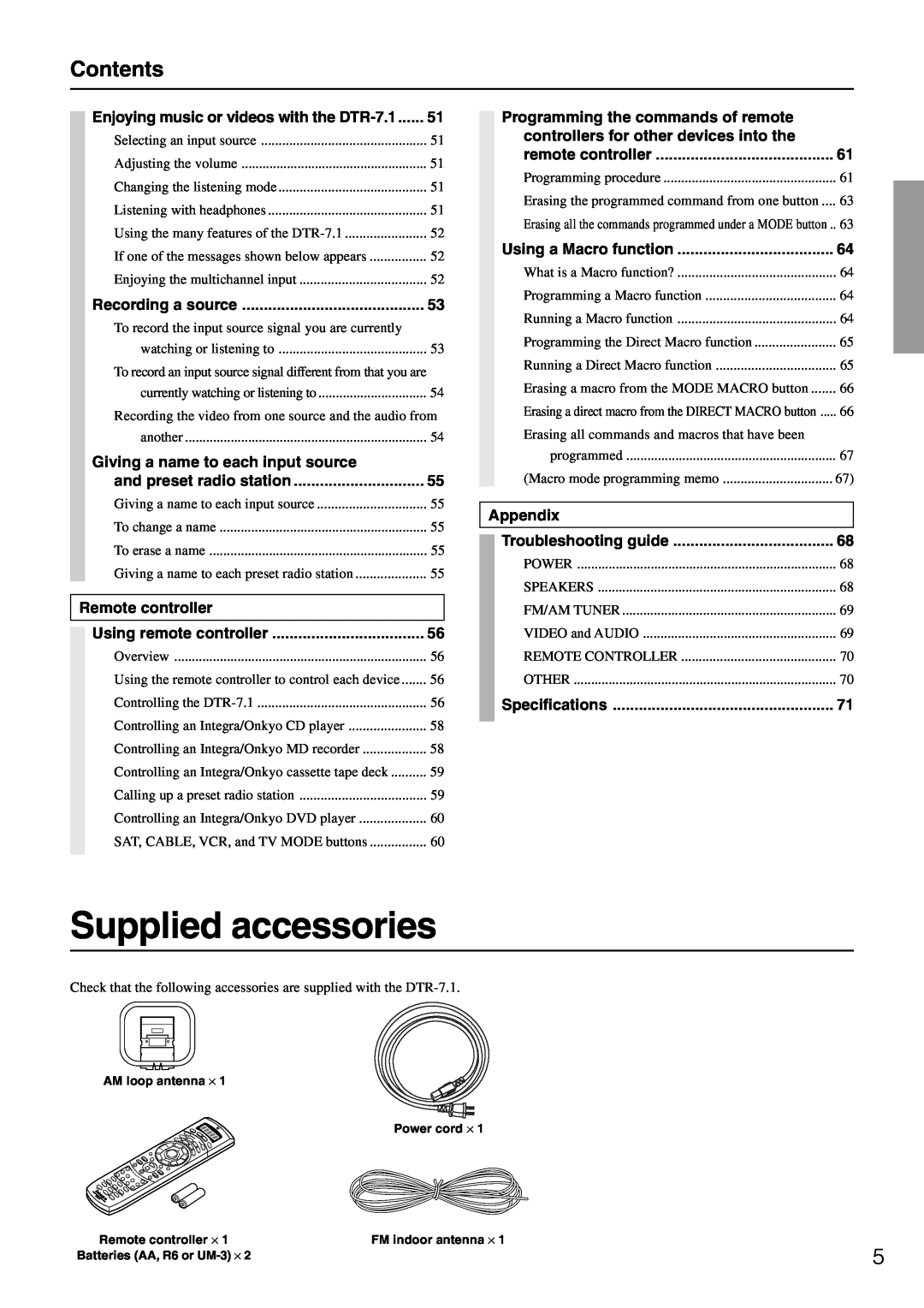 Integra DTR-7.1 appendix Supplied accessories, Contents 