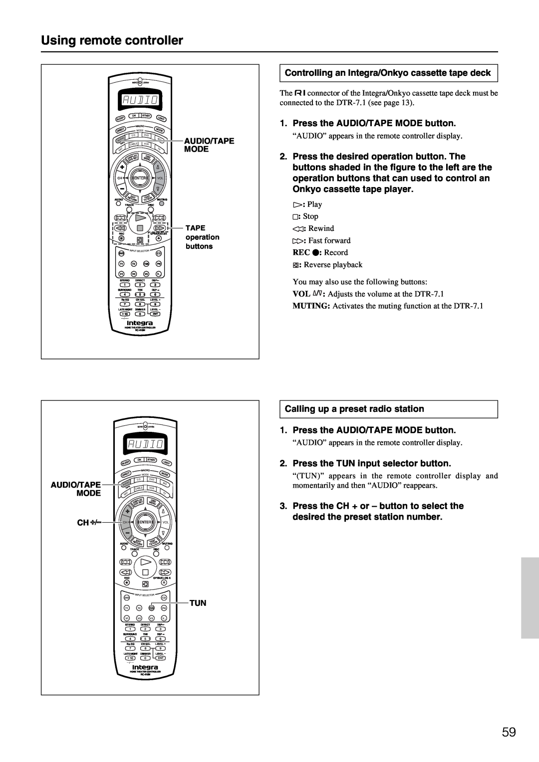 Integra DTR-7.1 appendix Using remote controller, Controlling an Integra/Onkyo cassette tape deck 