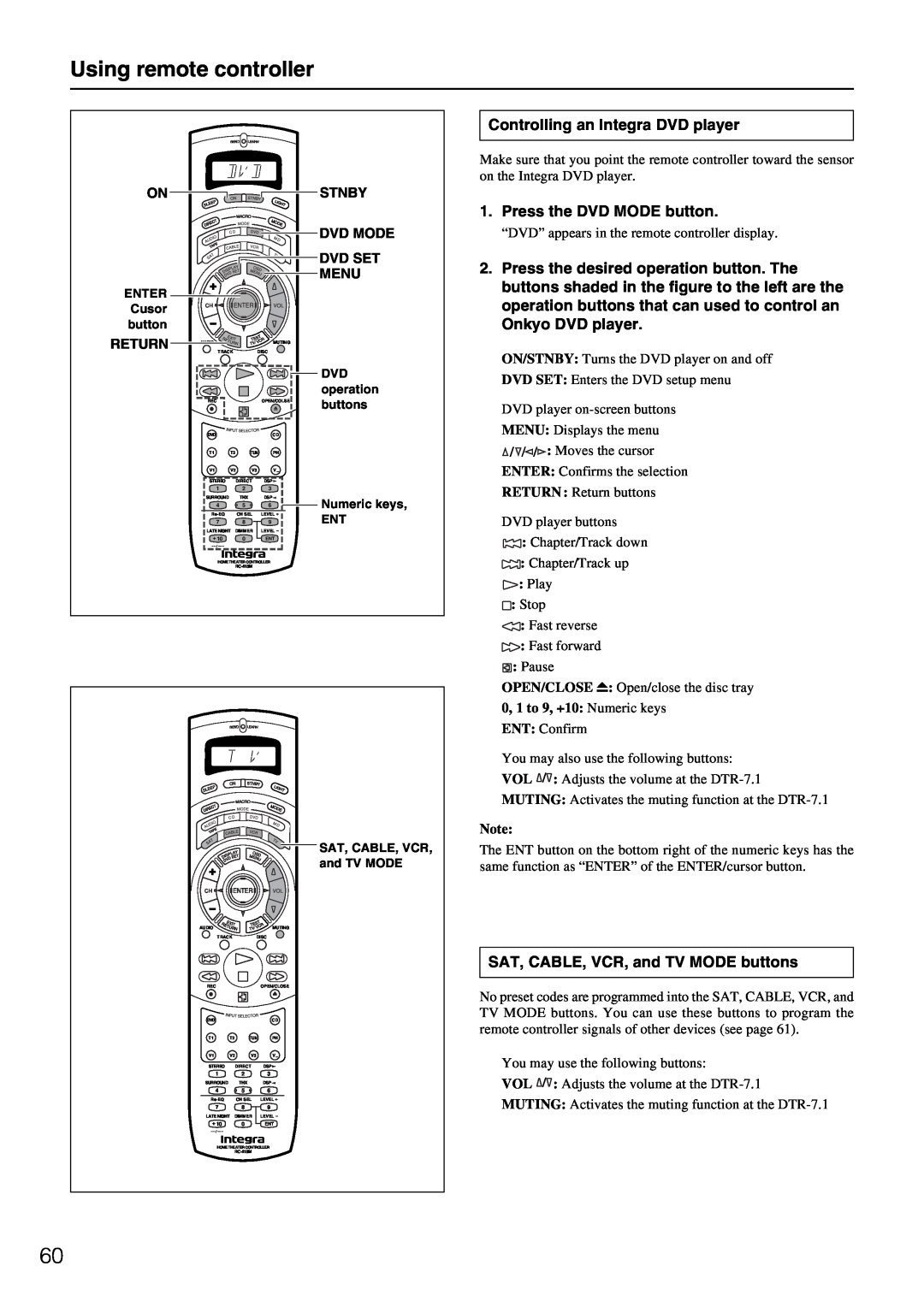 Integra DTR-7.1 appendix Using remote controller, Controlling an Integra DVD player, Press the DVD MODE button, Return 