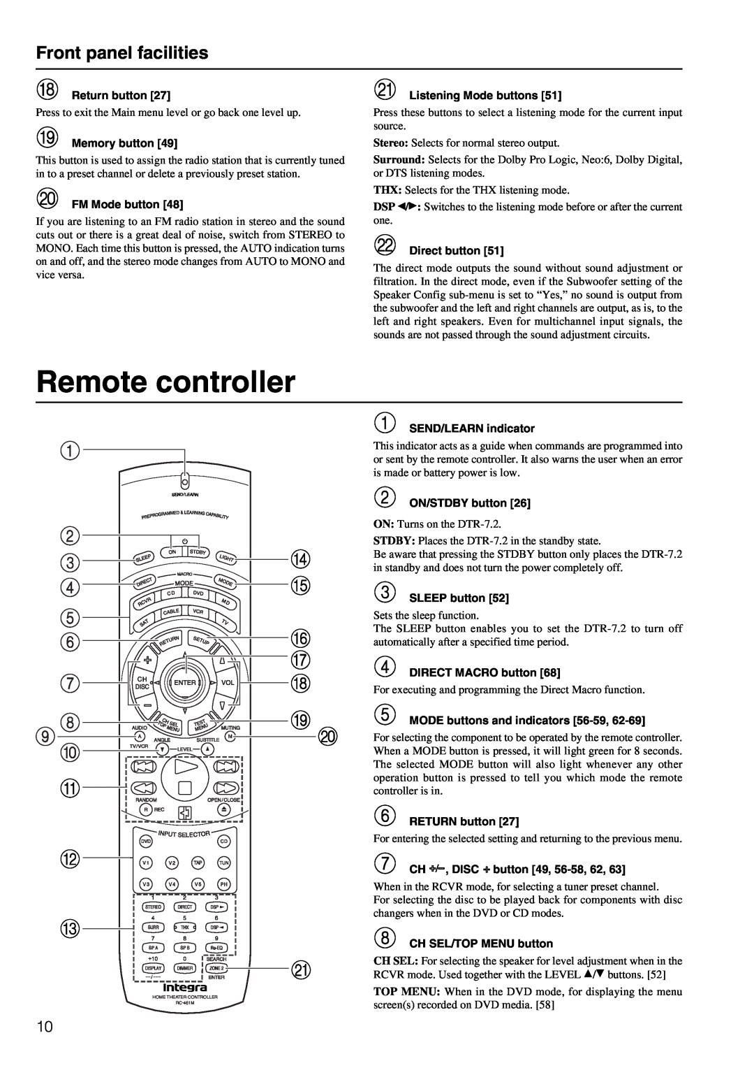 Integra DTR-7.2 instruction manual Remote controller, Front panel facilities 