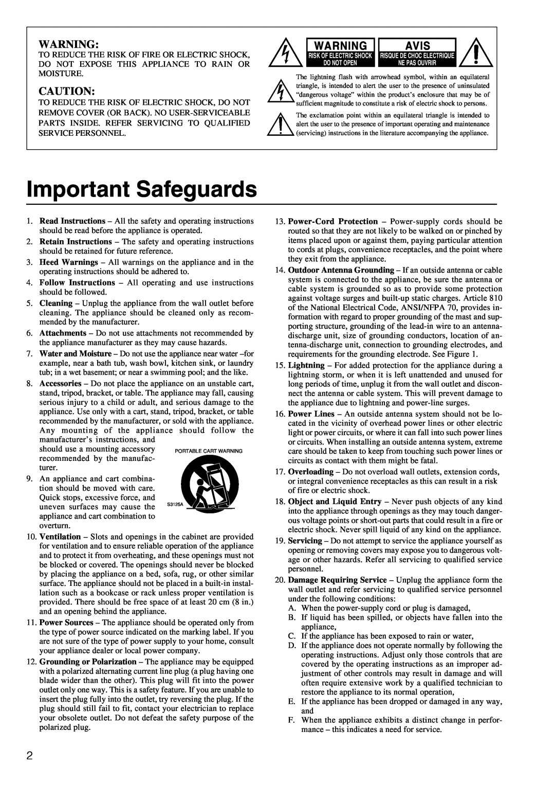 Integra DTR-7.2 instruction manual Important Safeguards, Avis 