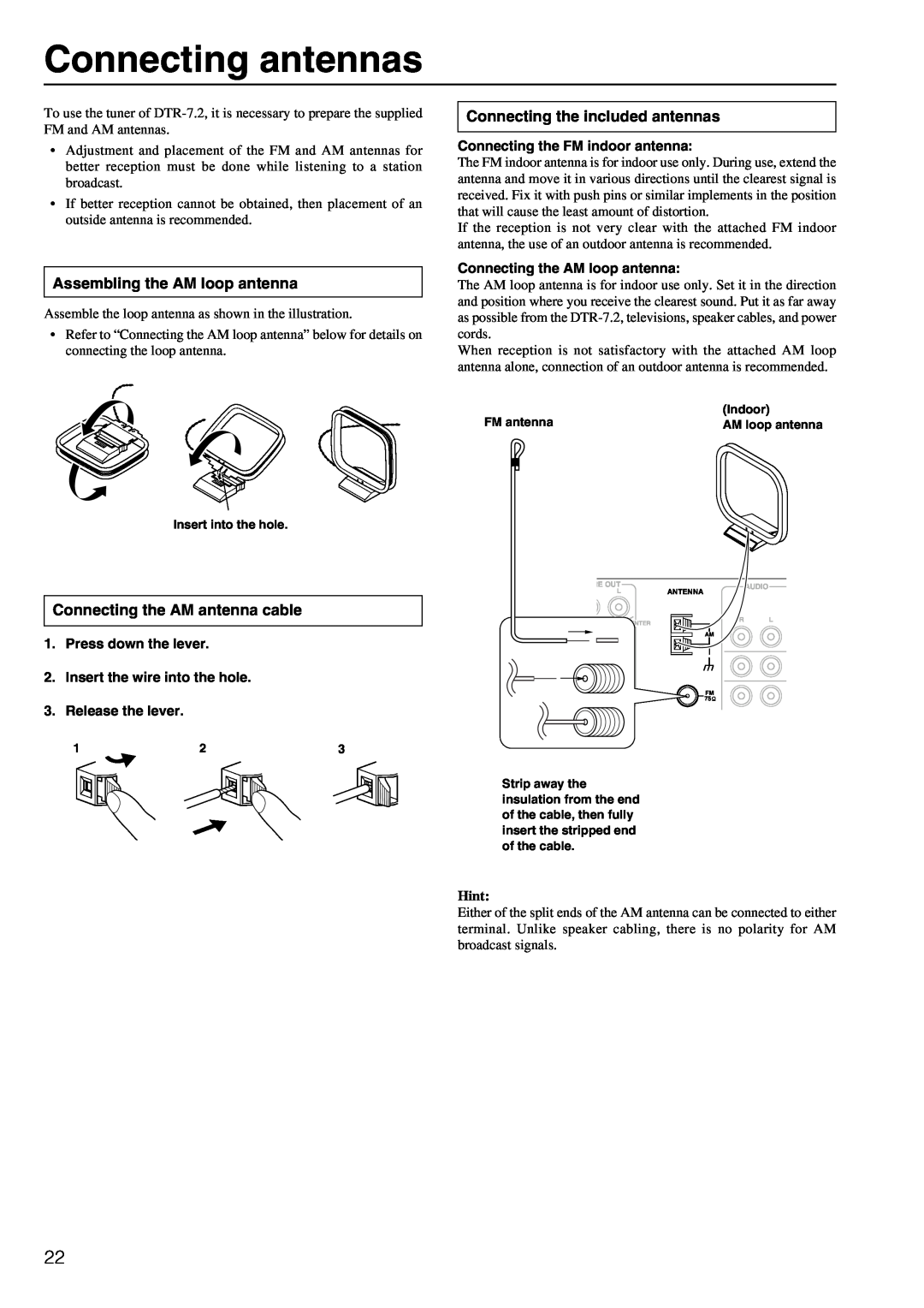 Integra DTR-7.2 instruction manual Connecting antennas, Assembling the AM loop antenna, Connecting the AM antenna cable 
