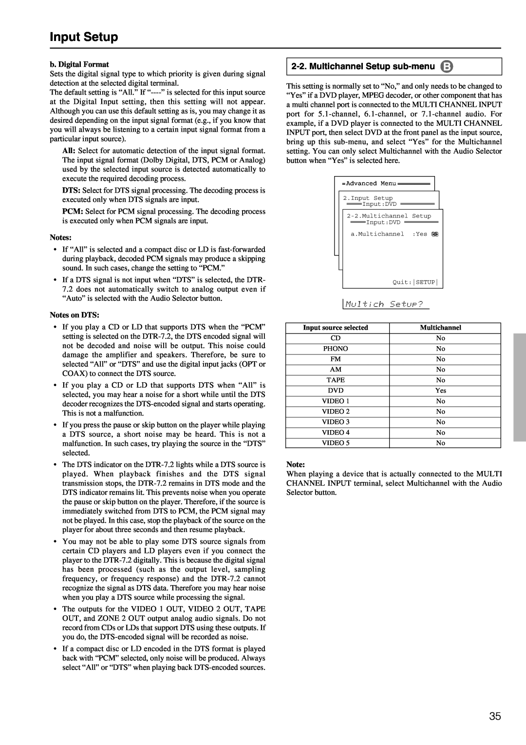 Integra DTR-7.2 instruction manual Input Setup, Multichannel Setup sub-menu 