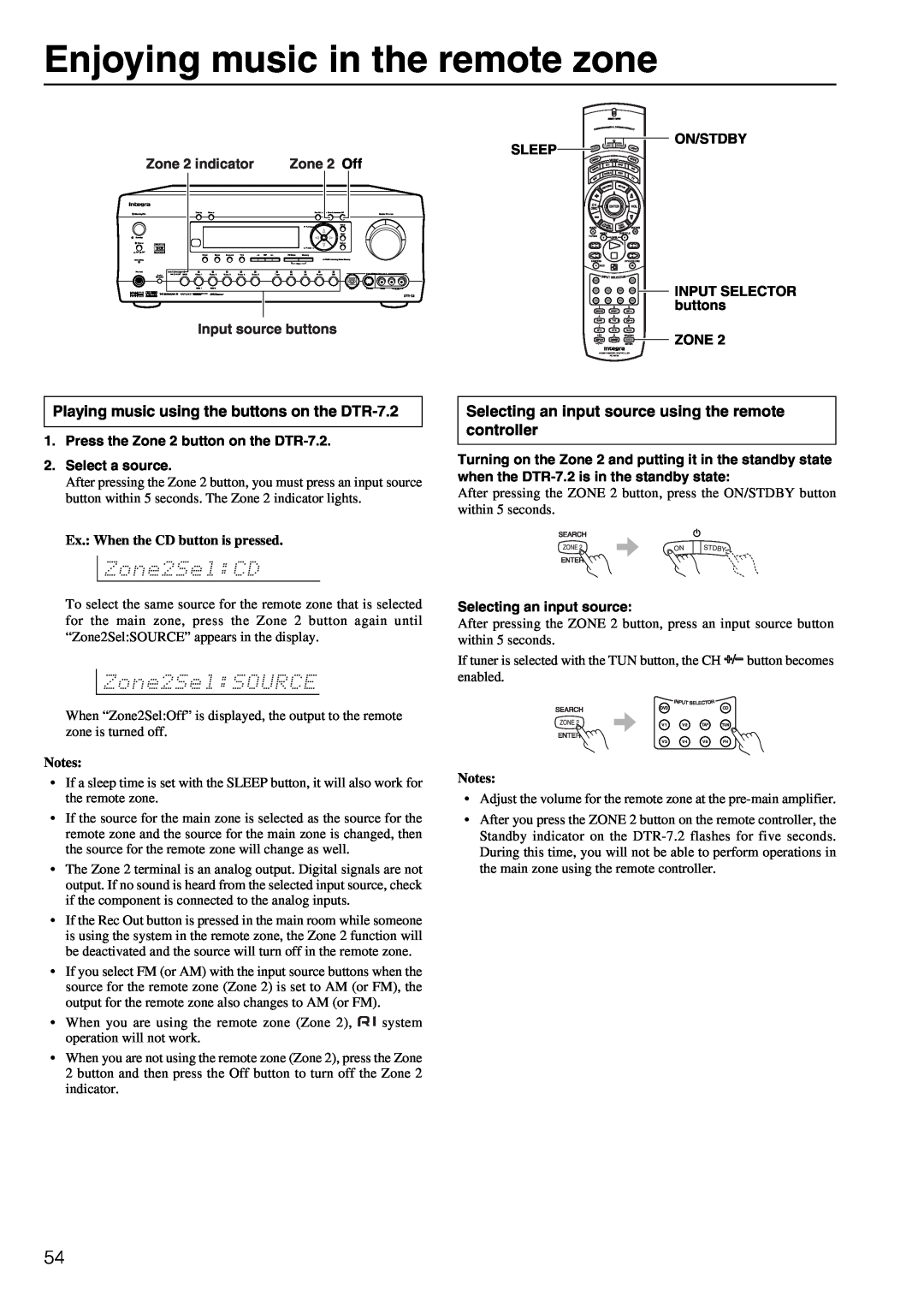 Integra instruction manual Enjoying music in the remote zone, Playing music using the buttons on the DTR-7.2 