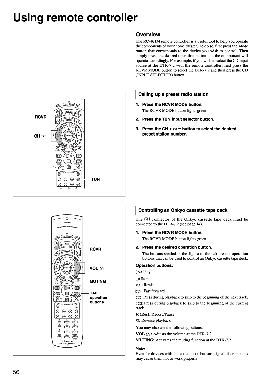 Integra DTR-7.2 instruction manual Using remote controller, Overview 