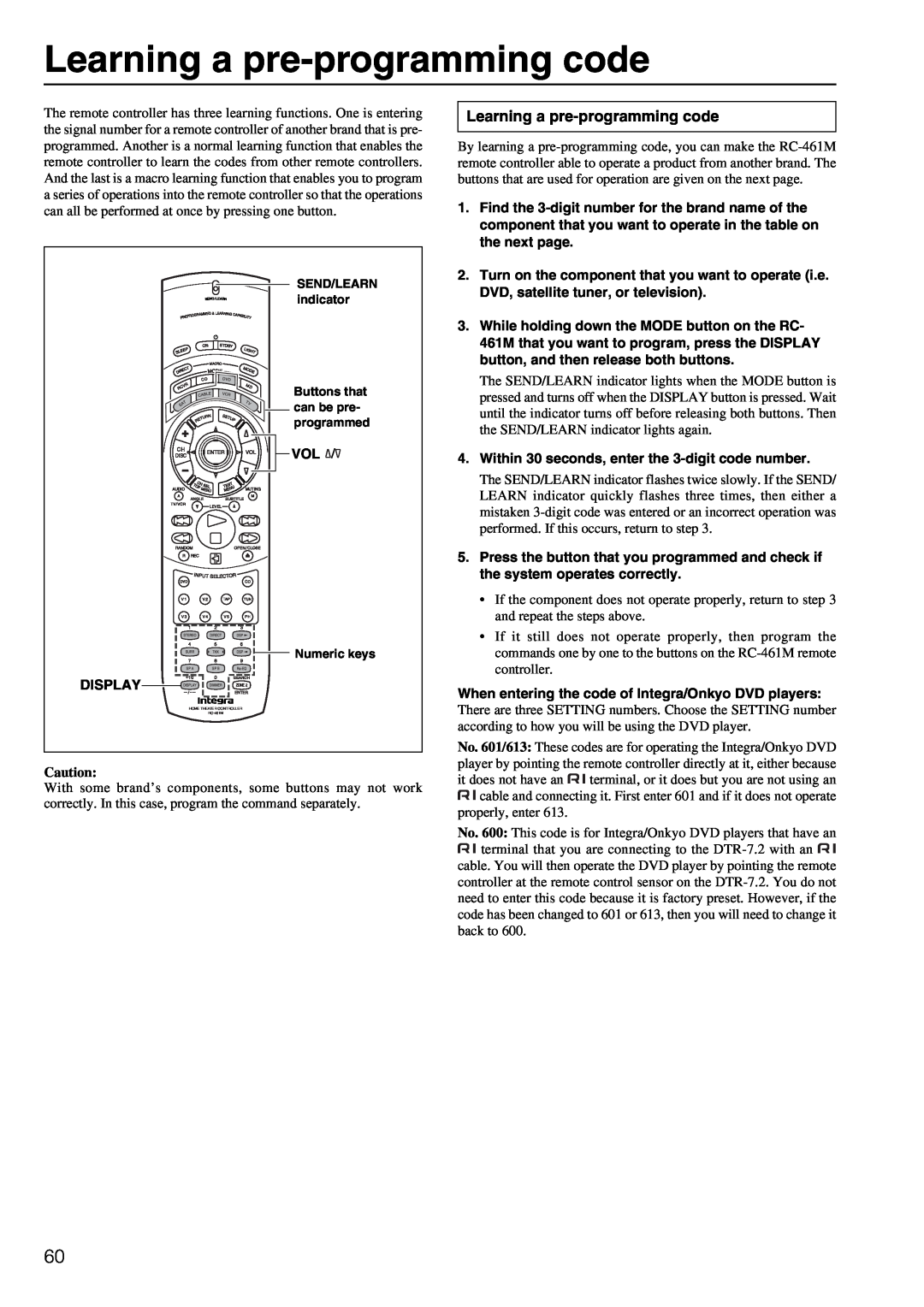 Integra DTR-7.2 instruction manual Learning a pre-programmingcode 