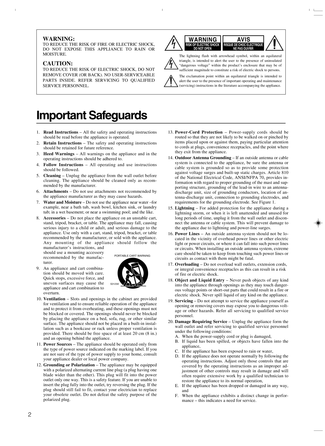 Integra DTR-7.3 instruction manual Important Safeguards, Avis 