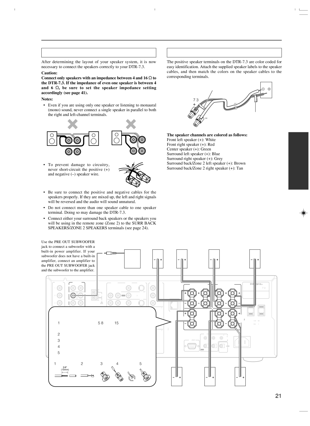 Integra DTR-7.3 instruction manual Connecting speakers, Using the speaker labels 