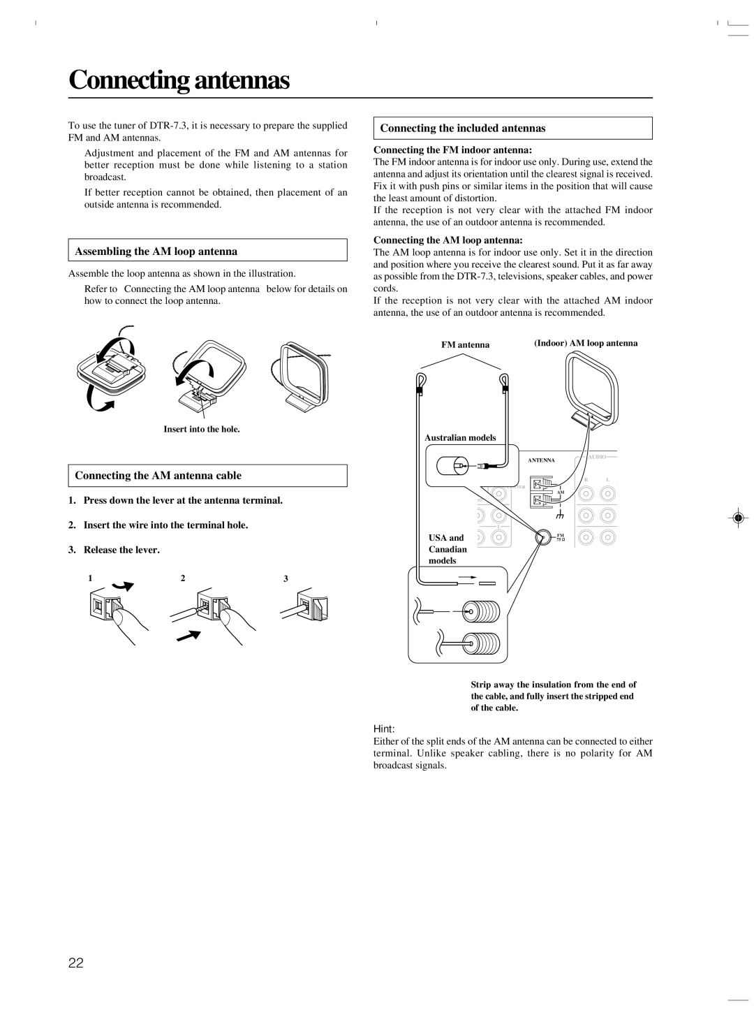 Integra DTR-7.3 instruction manual Connecting antennas, Assembling the AM loop antenna, Connecting the AM antenna cable 