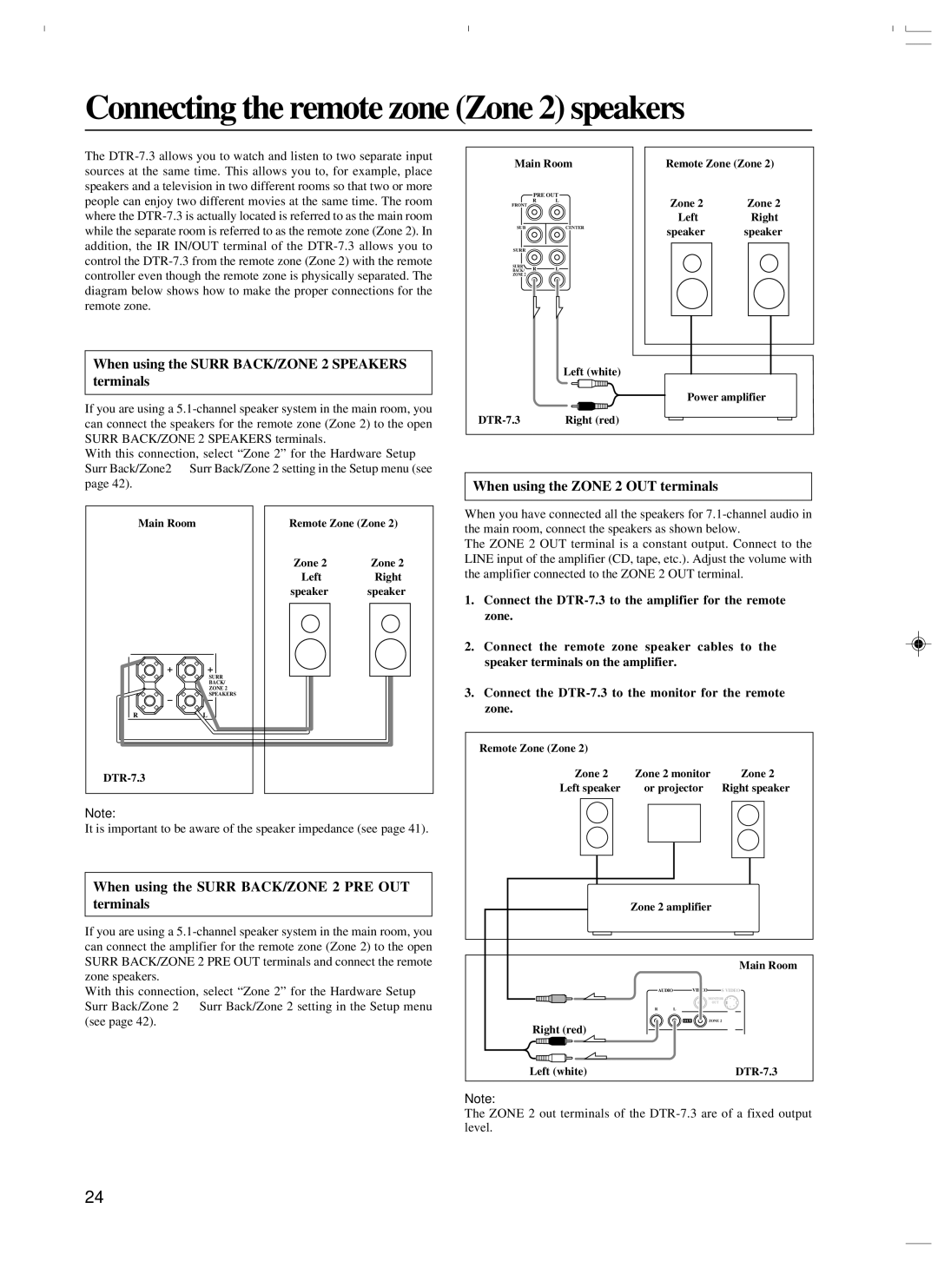 Integra DTR-7.3 Connecting the remote zone Zone 2 speakers, When using the Surr BACK/ZONE 2 Speakers terminals 